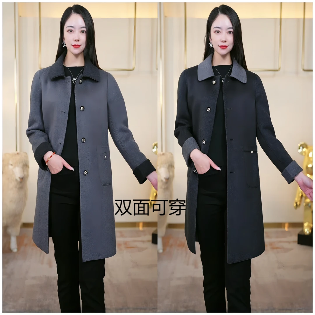 Wliya/维荔娅中长款灰色纯双面穿手工羊毛大码大衣秋冬洋气女时尚