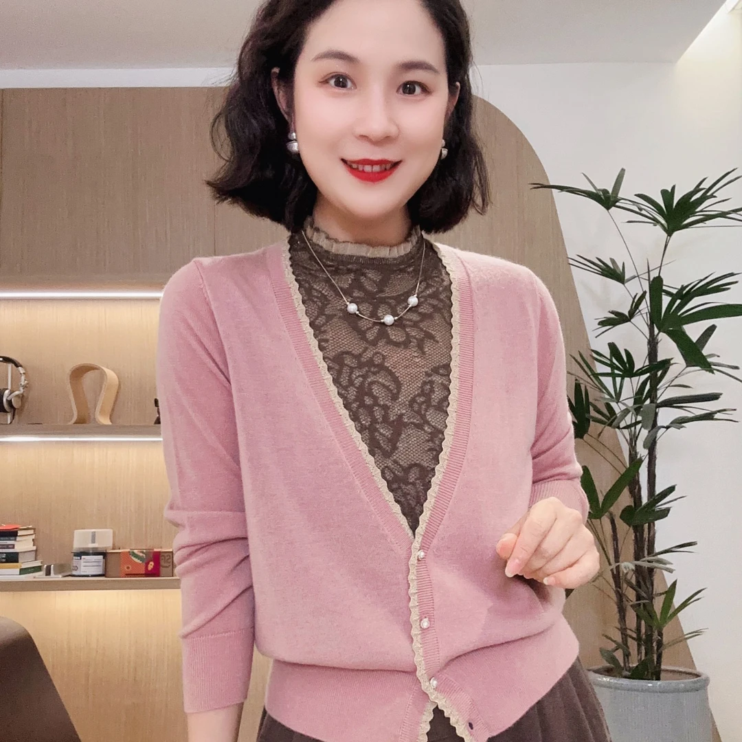 【国色牡丹】立领套头假二件秋季长袖针织衫百搭#DQ6267