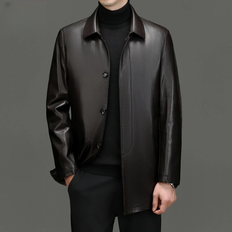 秋冬季男士皮衣加肥加大长款爸爸装皮风衣海宁加绒大码翻领皮夹克