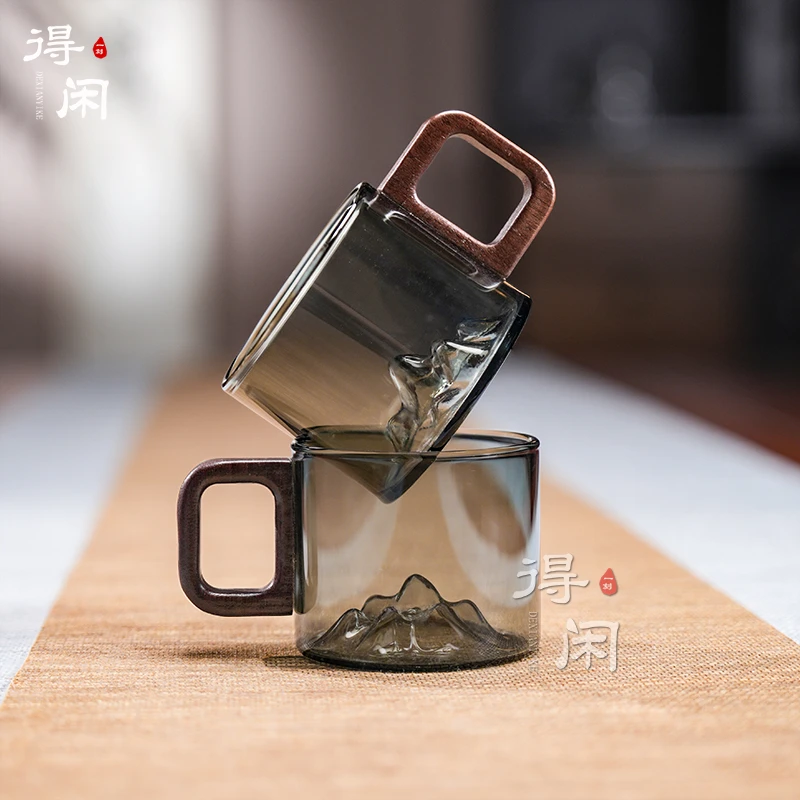 （两只装）山影杯新品耐热玻璃小品杯100ml带把水杯家用礼品喝茶杯