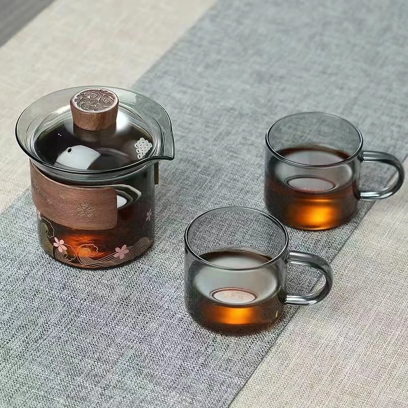 （1盖碗2杯）新款日式懒人泡茶神器烟灰色手抓盖碗套装 樱花版套装
