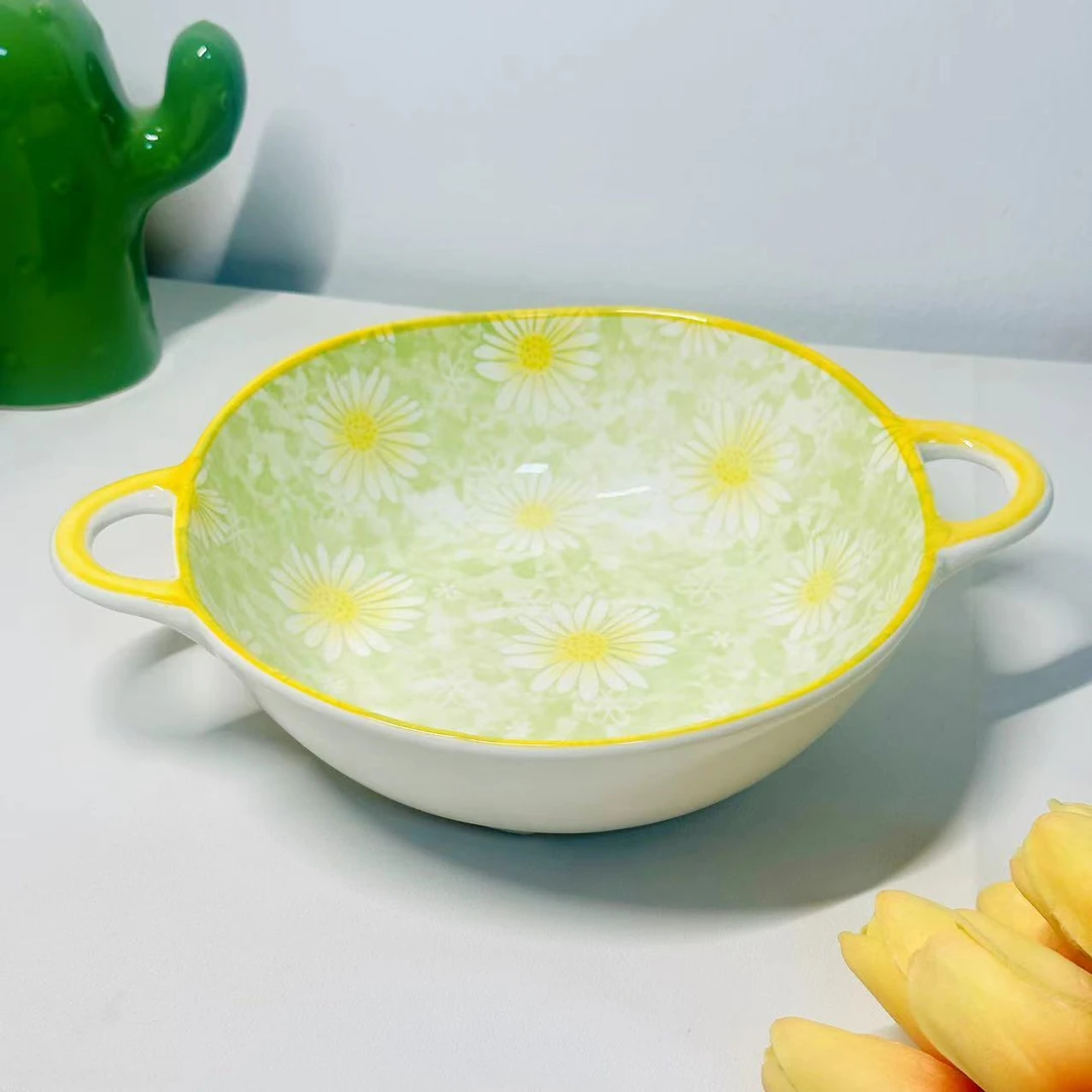 小雏菊9.5英寸双耳不规则汤碗可爱陶瓷双耳碗家用釉下彩沙拉碗