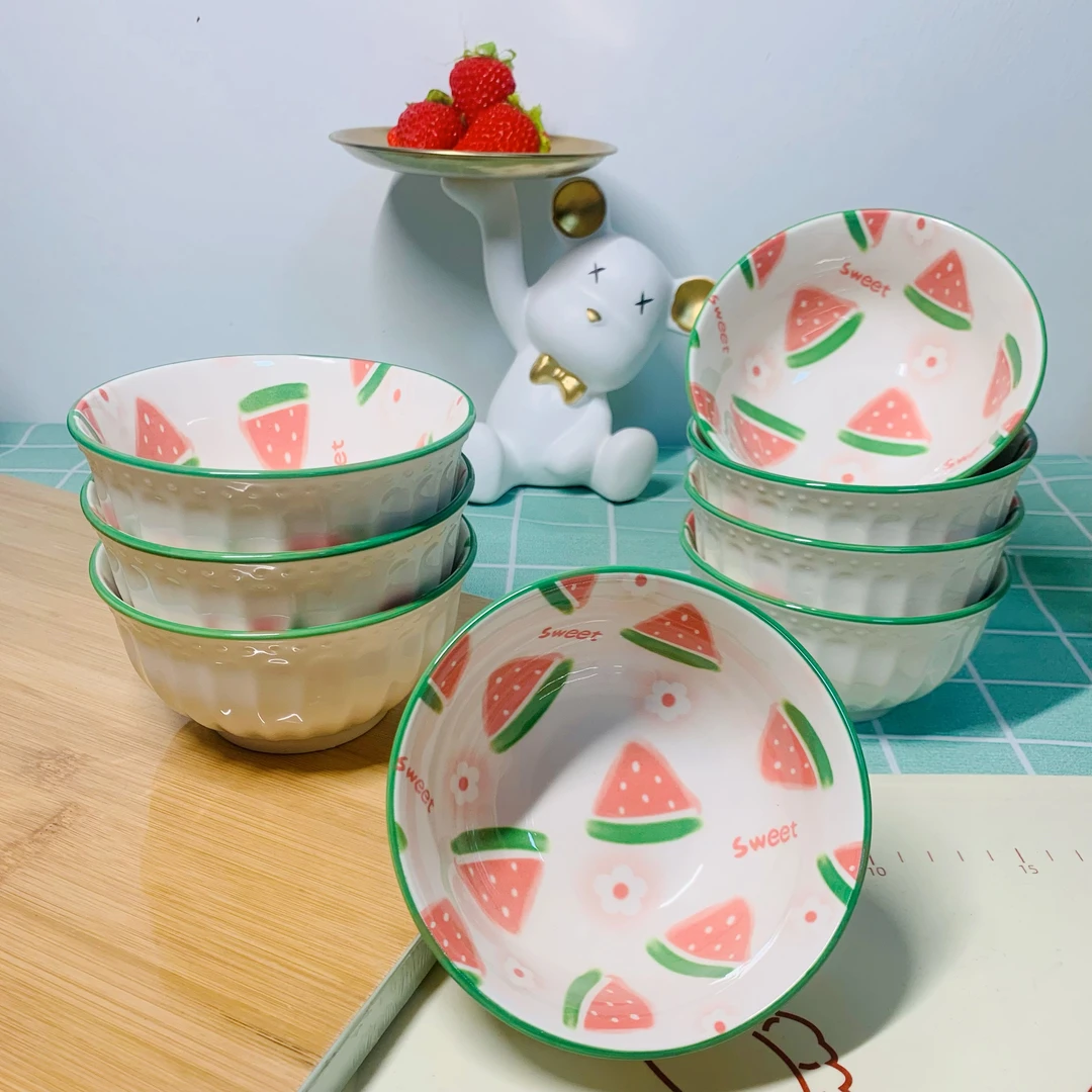 【8个】釉下彩陶瓷碗盘餐具西气洋洋4.75英寸碗高颜值可爱家用饭碗