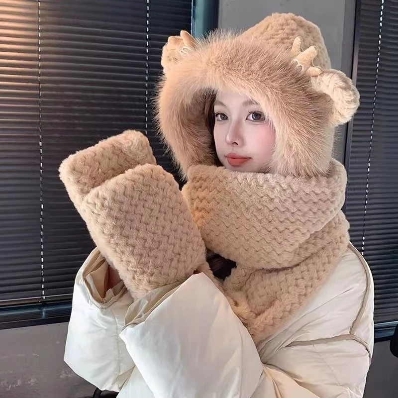【小龙宝】小熊帽子围脖围巾三件套连帽帽子女2025新款爆款洋气