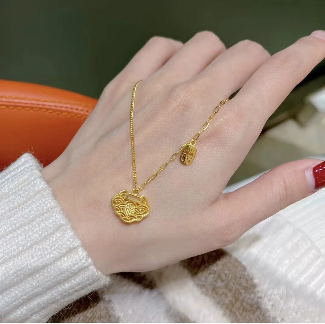铜合金项链 花丝如意祥云锁平安如意锁镂空设计百搭锁骨链