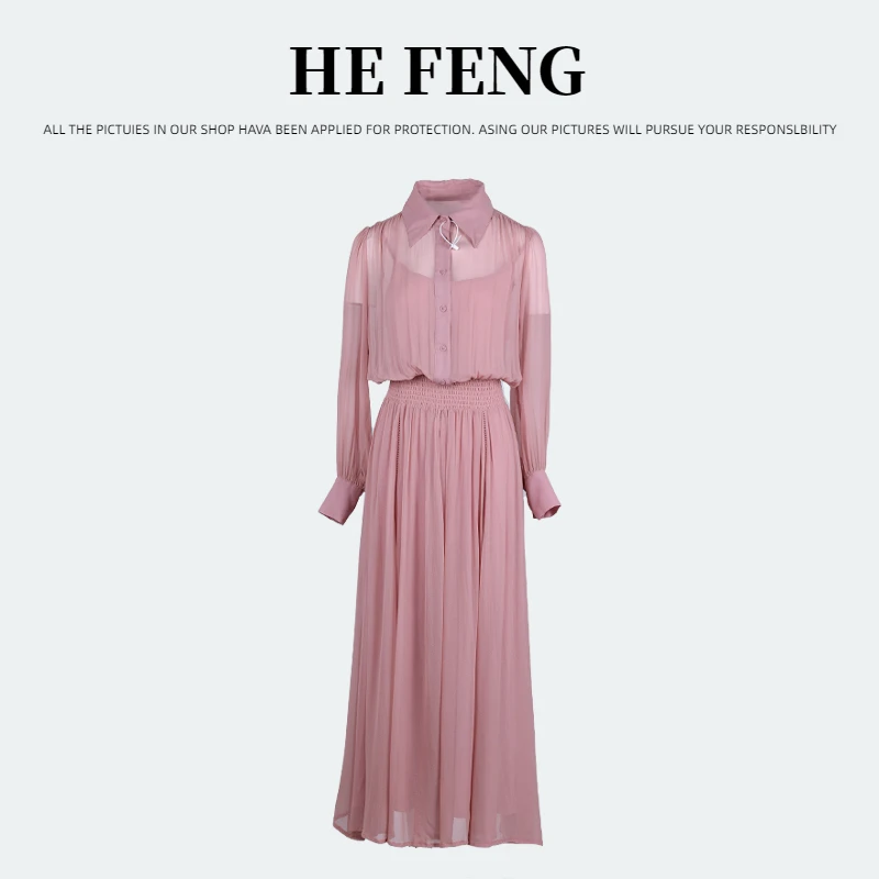 【粉色-禾枫原创】重磅100桑蚕丝连衣裙HF24D228