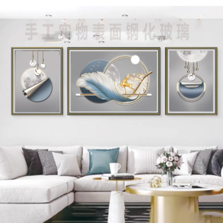 高通钢化玻璃三联实物高级手工画装饰画双色画沙发背景墙挂画立体