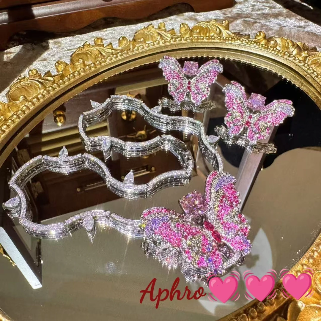 铜合金合成锆石项链 公主粉重工蝴蝶耳钉项链多用款