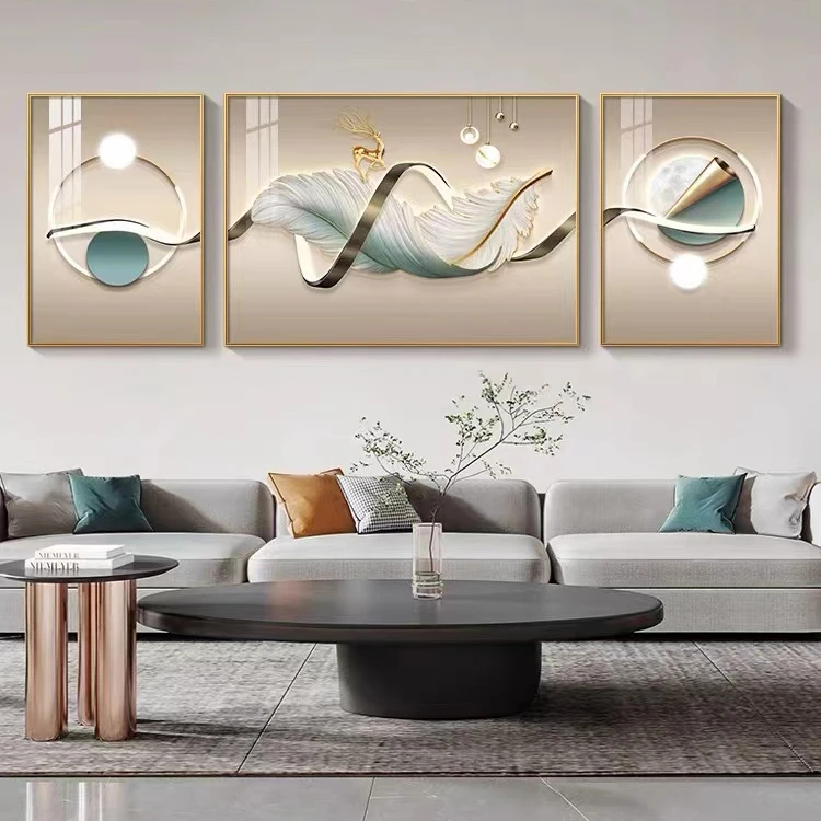 福禄有余抽象装饰画羽毛现代轻奢沙发背景墙高档大气抽象三联挂画