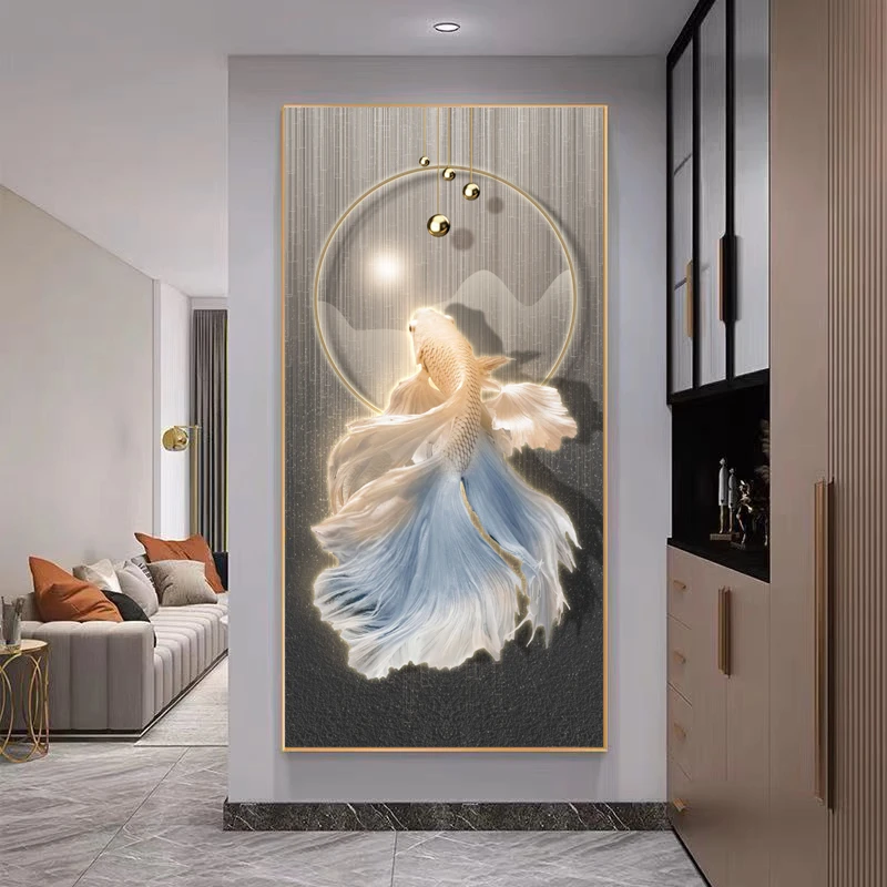 双鱼新中式入户玄关锦鲤装饰画走廊过道挂画正对门壁画晶瓷画竖版