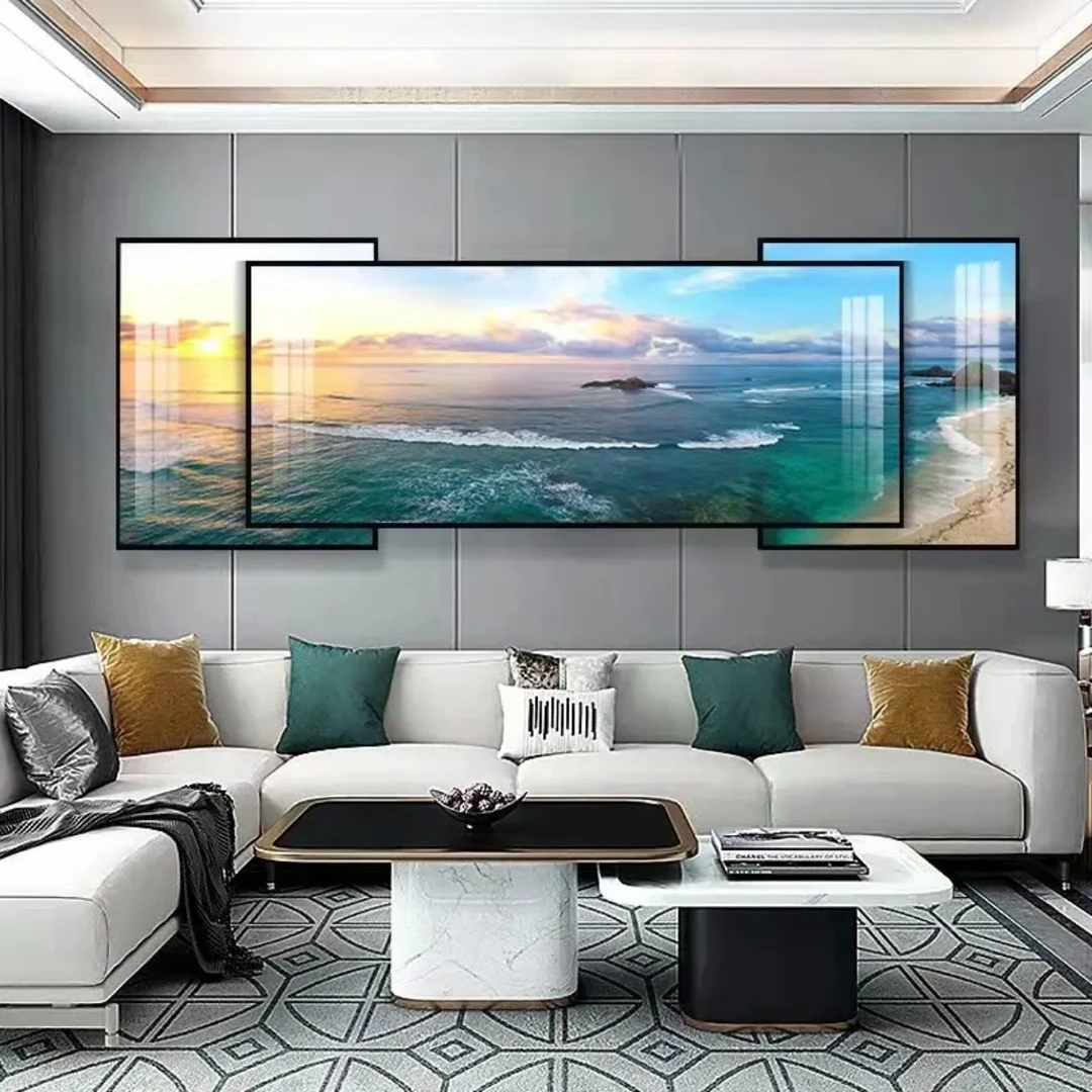 客厅高级感叠加装饰画海景风景三联现代简约沙发背景墙挂画晶瓷画