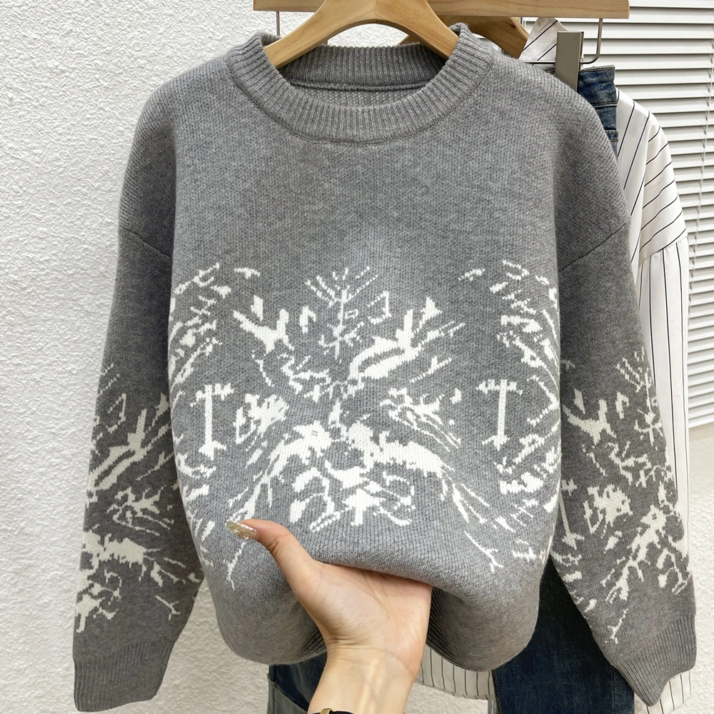 提花加厚保暖毛衣女外穿洋气宽松上衣秋冬内搭套头慵懒针织打底衫