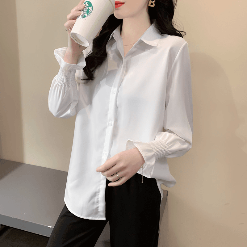 2024早春秋新款白色荷叶袖宽松百搭POLO领衬衫女打底衬衣气质内搭