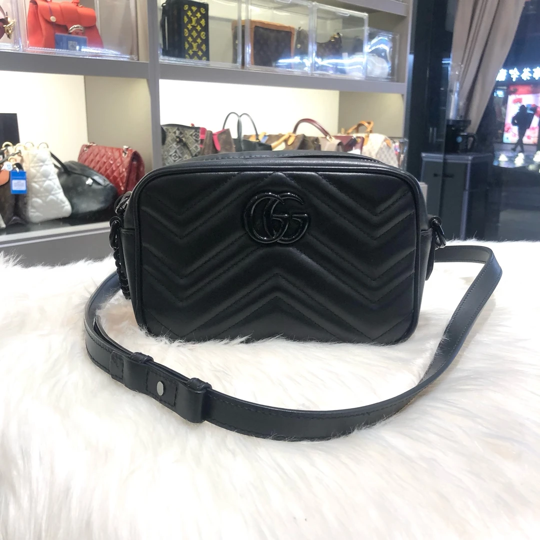 95新  【归集奢品】Gucci/古驰 marmont系列 黑色mini 相机斜挎包