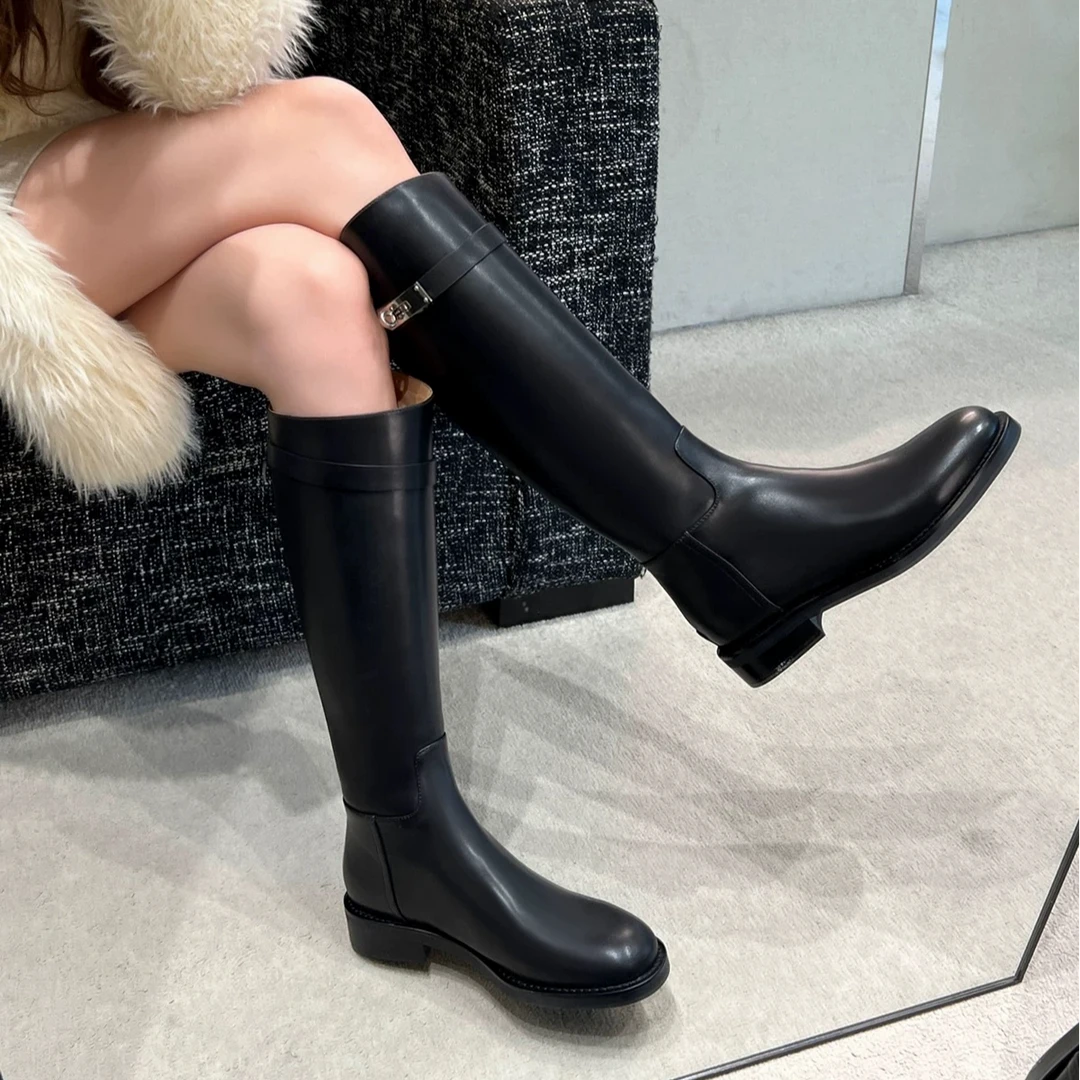 真皮锁扣长靴高筒不过膝长靴骑士靴 跟高4cm 9297