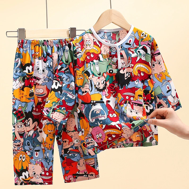 夏季儿童睡衣男童女童空调服宝宝长袖棉绸薄款家居服小孩绵绸套装