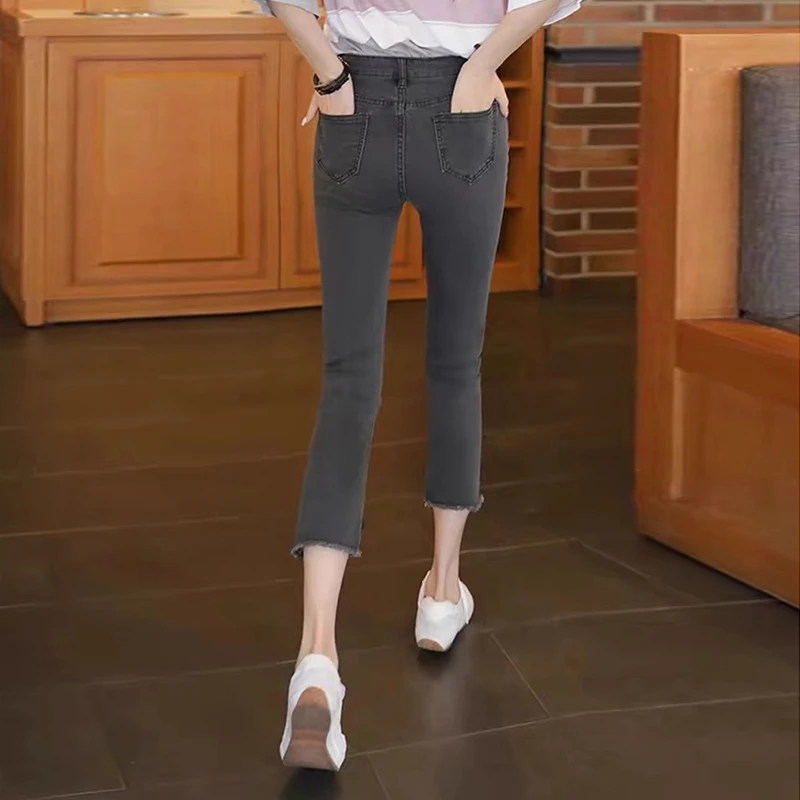 灰色加绒直筒牛仔裤女2025秋季新款梨形身材八九分小个子显瘦烟管