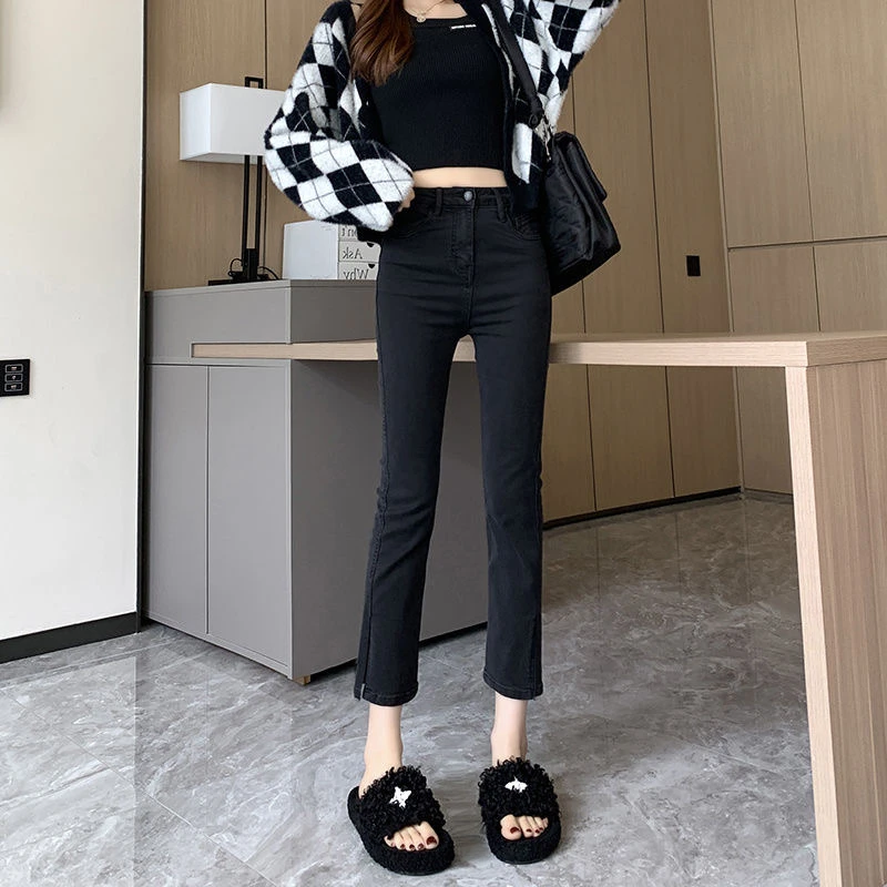 2025秋冬新款黑色开叉直筒牛仔裤女高腰显瘦小个子八分烟管烟管裤