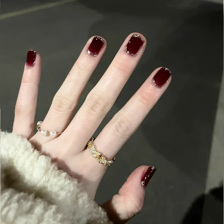 【短款】显白深酒红包边彩粉甲片成品24片 网红穿戴美甲贴片可拆卸