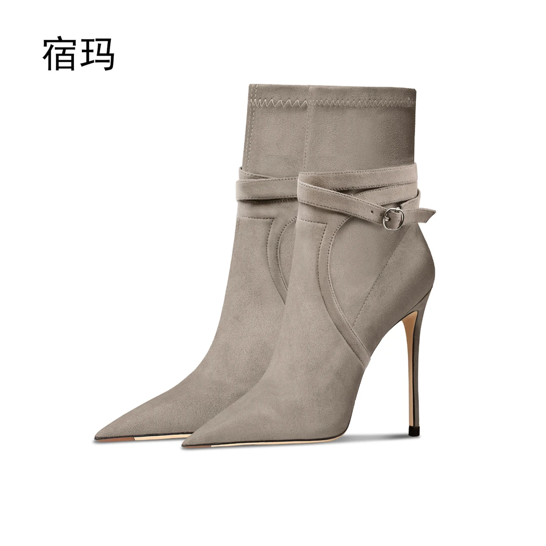 卡其色绒面绑带中筒靴女高跟鞋2025年新款秋冬瘦瘦靴细跟弹力靴子