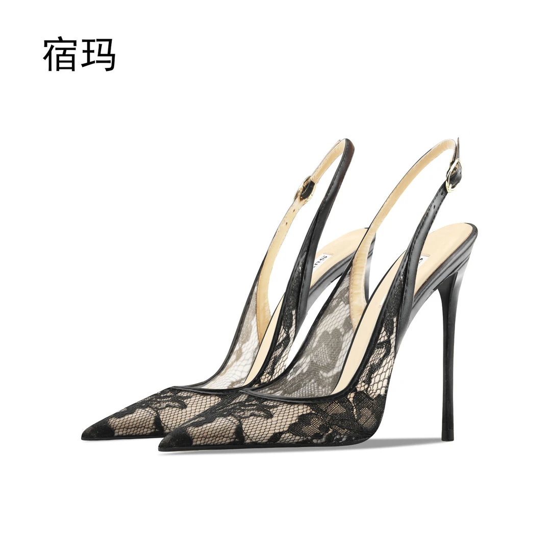 一字式扣带包头黑色蕾丝时尚凉鞋女2025年新款夏百搭性感高跟鞋