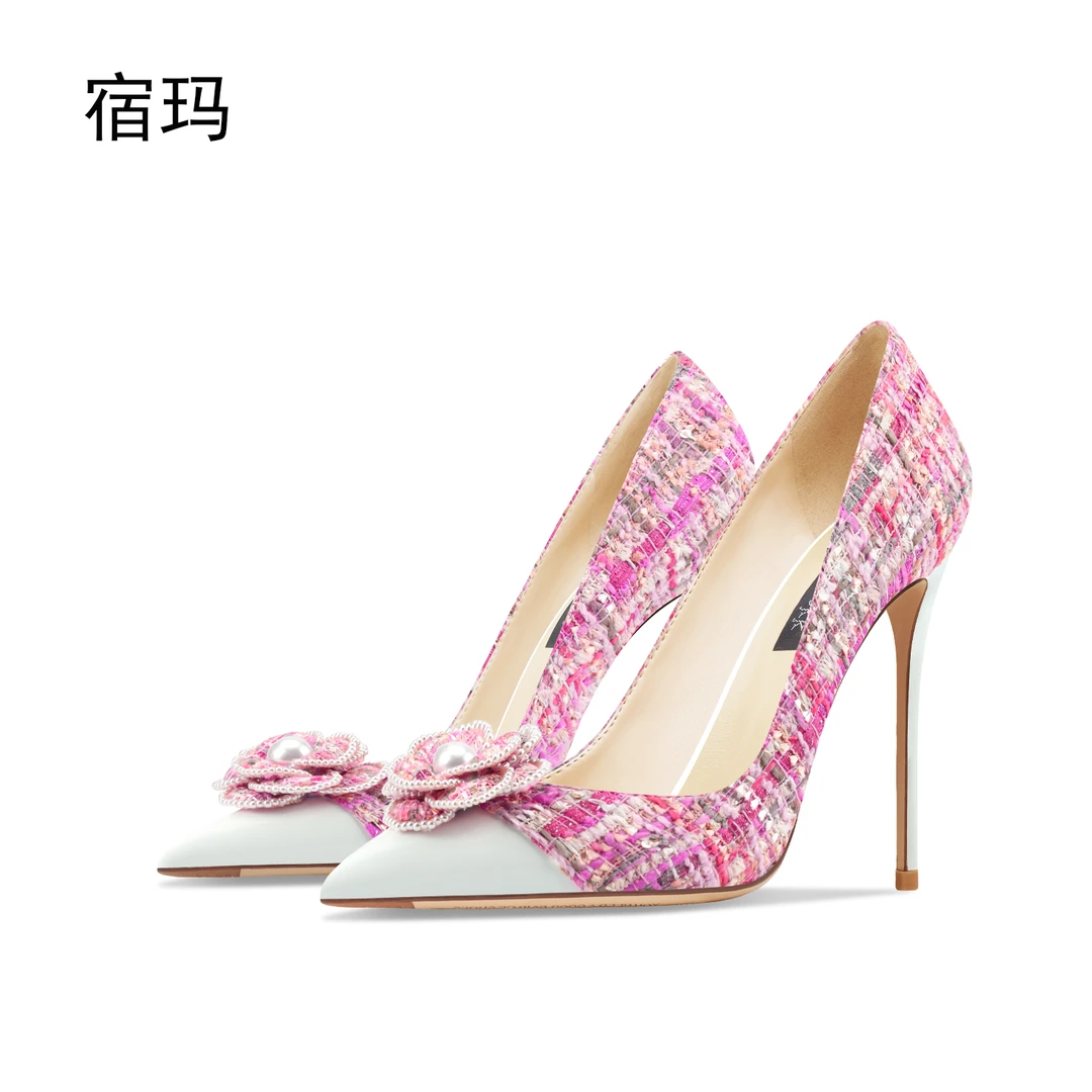 粉色织物花朵高跟鞋女2025年新款尖头浅口细跟小香风优雅气质单鞋