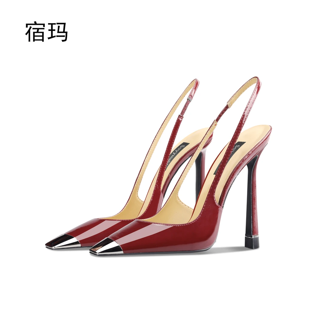 酒红色漆皮铁头凉鞋女2023年新款时尚法式方头细跟宴会礼服高跟鞋