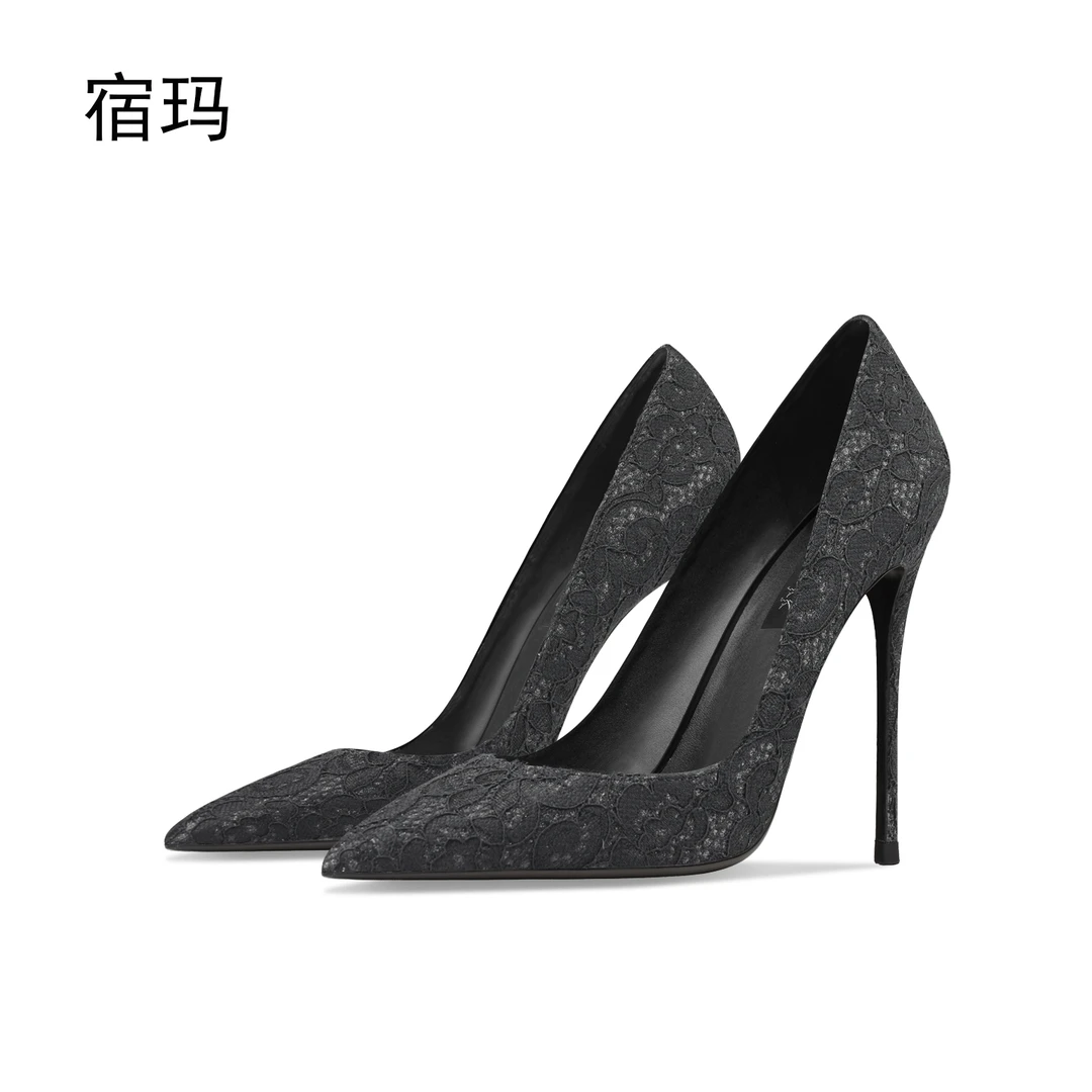 黑色蕾丝高跟鞋女2025年新款细跟尖头浅口性感百搭法式雕花单跟鞋