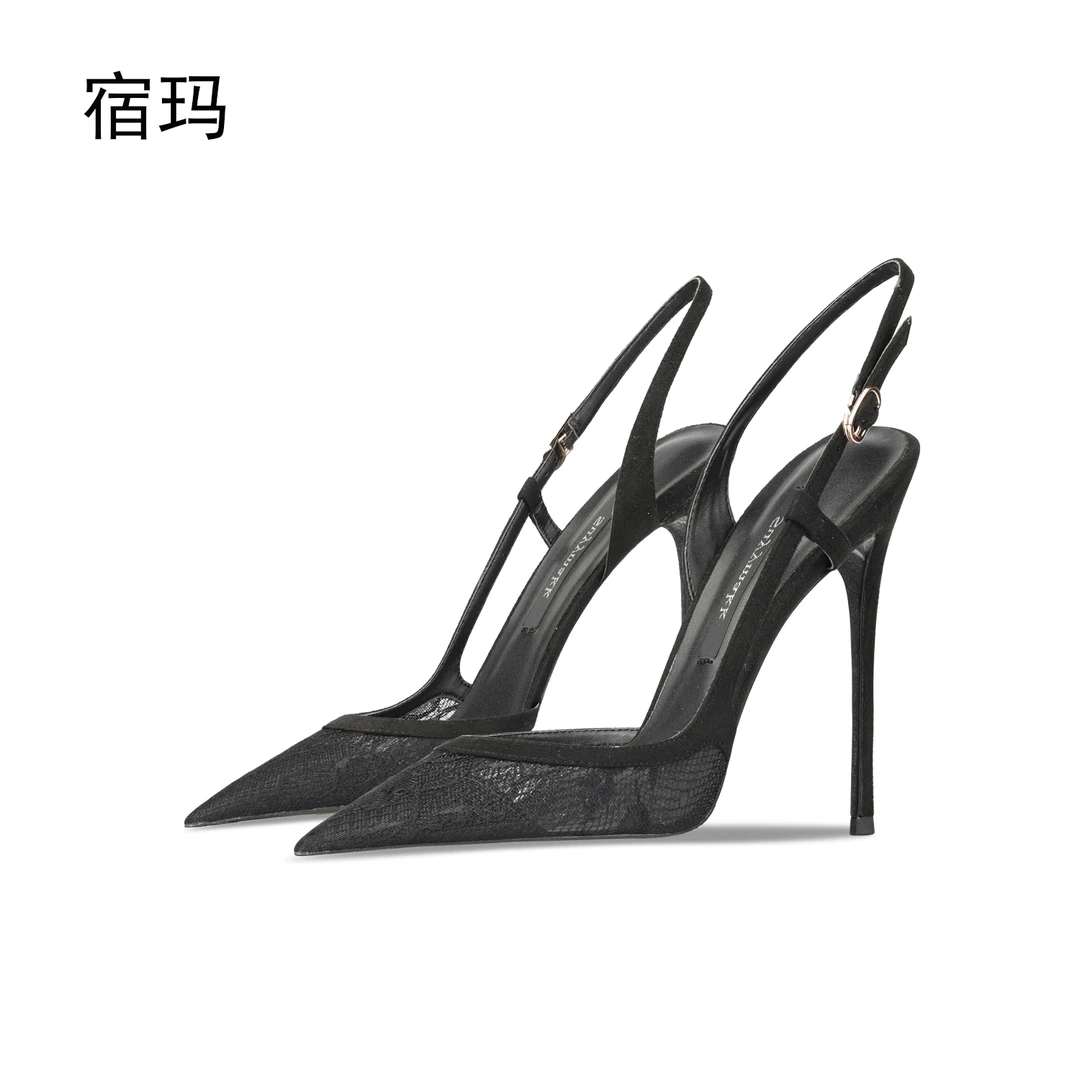 黑色蕾丝边扣包头后绊带凉鞋女2025年新款细跟尖头性感气质高跟鞋