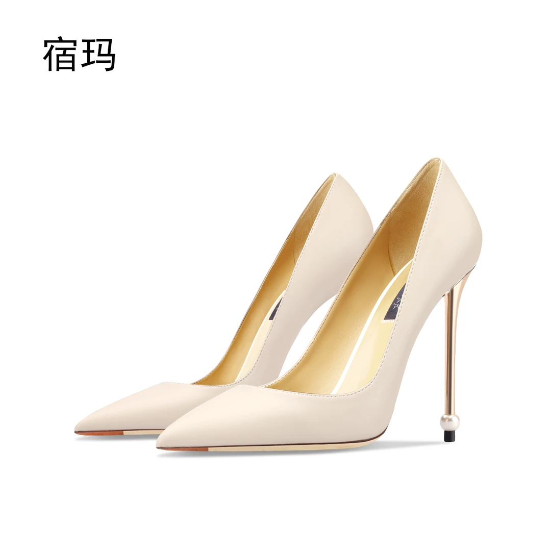 宿玛米白珍珠金属跟高跟鞋女2025年新款欧美尖头细跟浅口小众单鞋