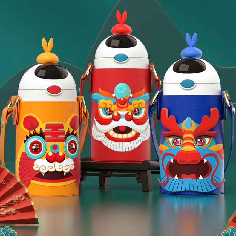 瑞兽保温杯吸管小学生幼儿园大容量防摔卡通可爱国潮吸管杯便携