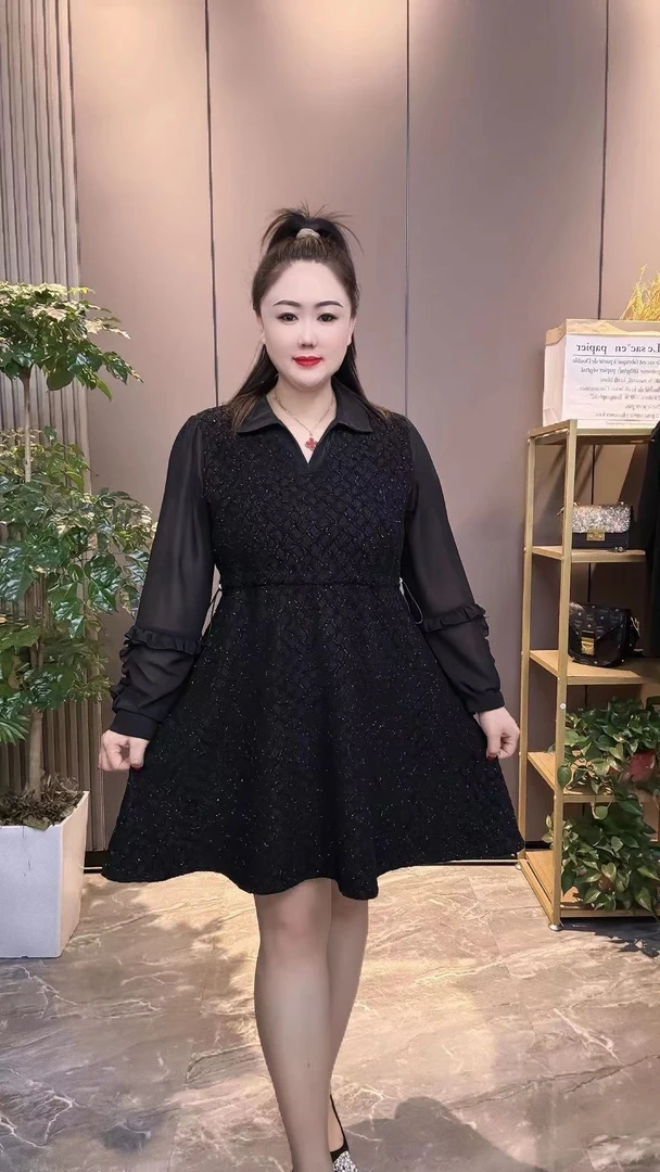 丽云家大码女装胖妹妹秋季新款黑色气质长袖蕾丝收腰显瘦连衣裙