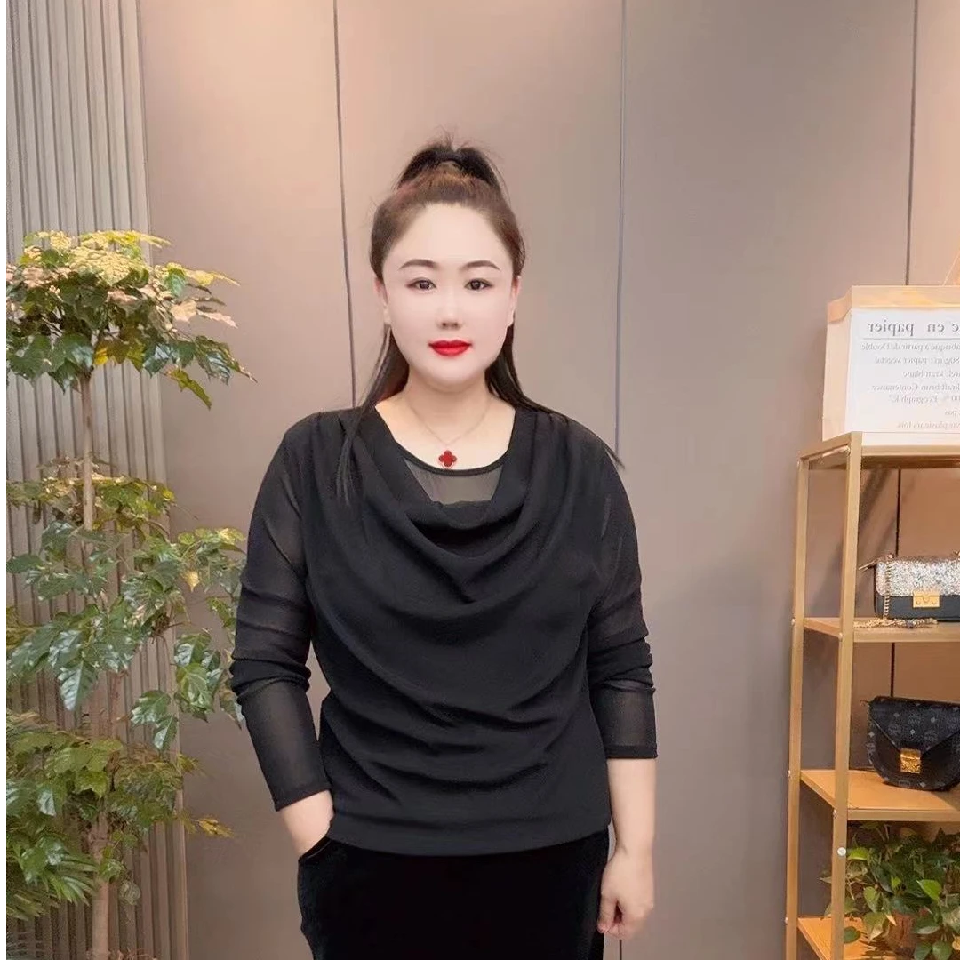 2024早秋新款时尚洋气网纱圆领褶皱减龄上衣