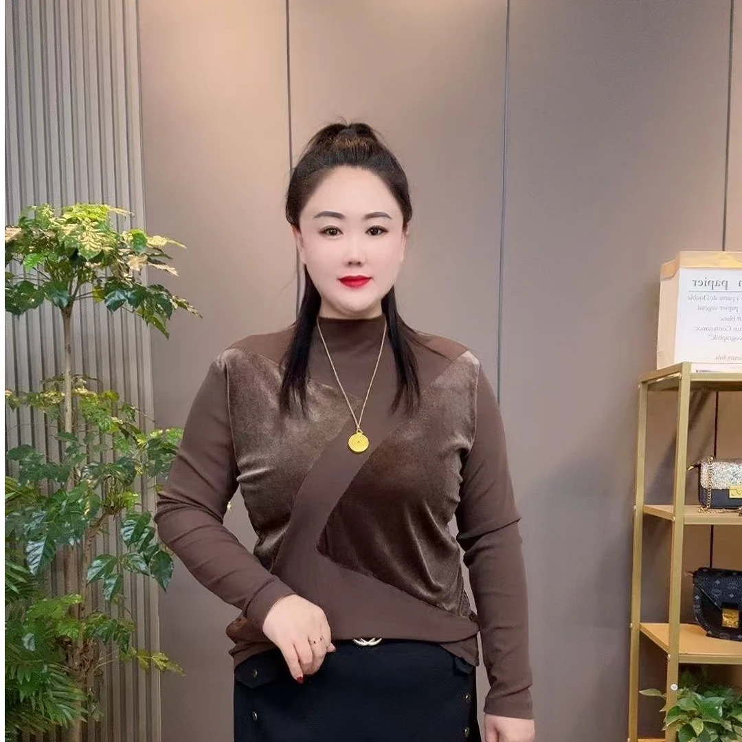 2024冬季新款时尚洋气半高领拼接遮肉显瘦上衣