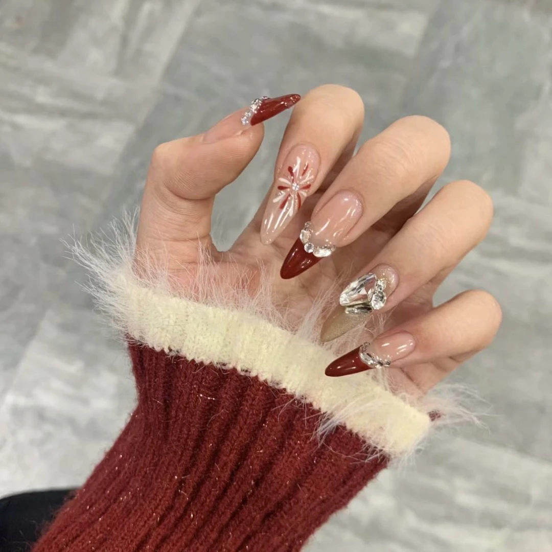 「璀璨烟花」新品酒红烟花新年战甲超仙纯手工红色手工手工穿戴甲