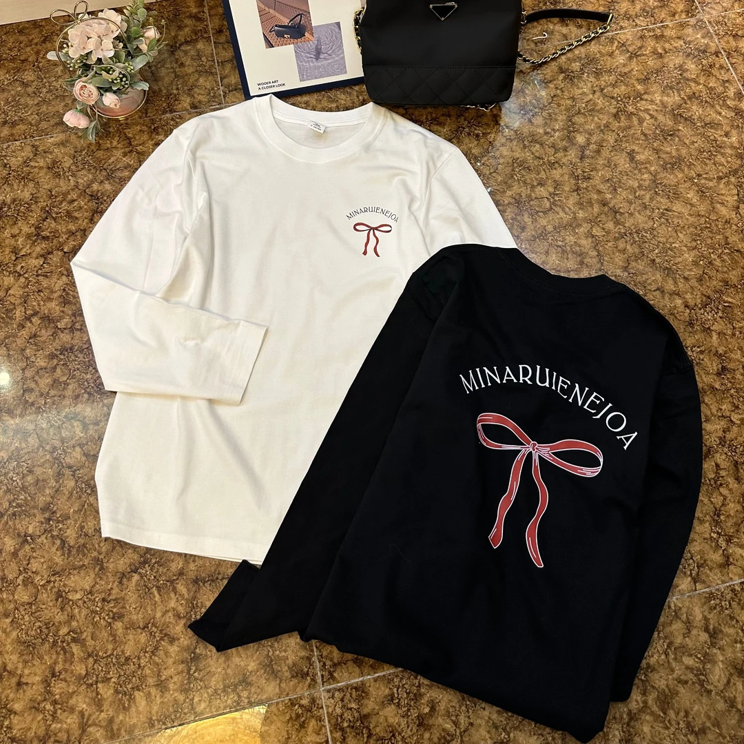 2024圆领长袖t恤女秋季新款 AB面小礼带 印花休闲百搭上衣