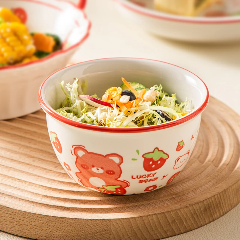 可爱卡通儿童碗釉下彩餐具家用陶瓷吃饭碗少女心米饭碗沙拉碗