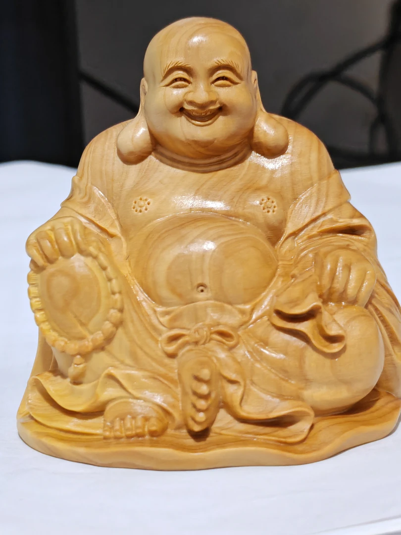小叶黄杨木雕正坐拿珠弥勒佛车载摆件家居摆放客厅装饰收藏工艺品