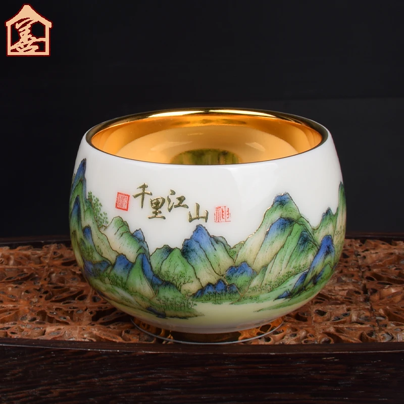 陶瓷鎏金茶盏德化白瓷主人杯高端羊脂玉金杯名师礼品大号千里江山