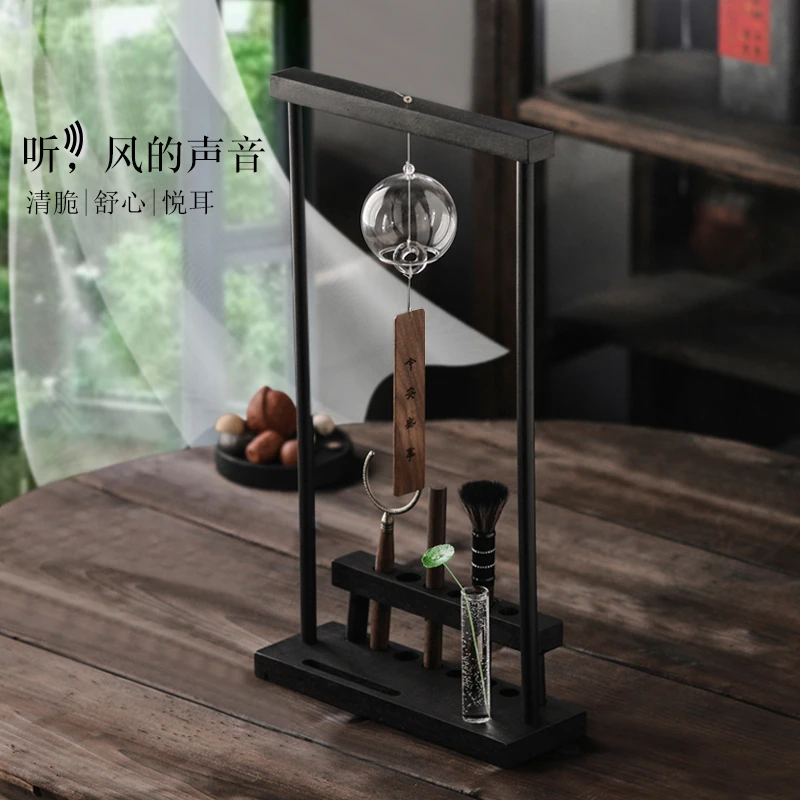 日式家居和风玻璃风铃挂饰复古木质风铃架茶空间摆件茶桌六君子