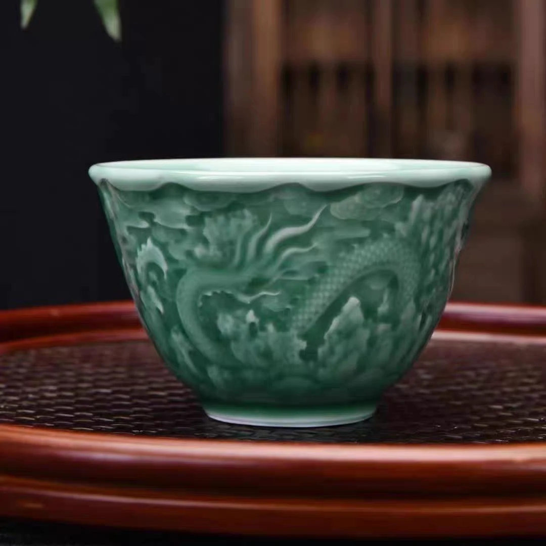 青瓷斗笠青龙浮雕主人杯陶瓷杯个人杯