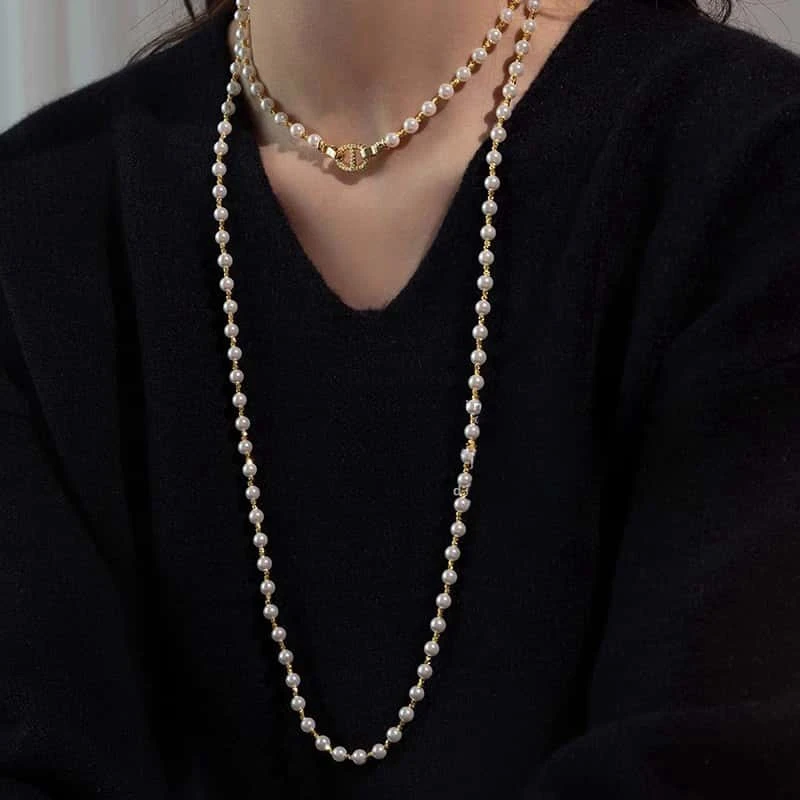 铜合金仿珍珠项链 施家长款双层叠戴珠珠项链秋冬新款毛衣链颈链