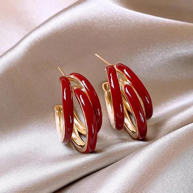 铜合金耳饰 秋冬安可拉红多层圈圈耳环气质耳圈小众耳钉绝美耳饰