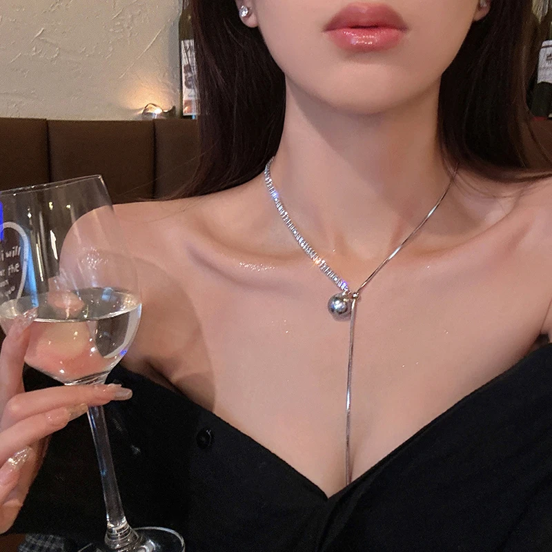 合金仿珍珠项链 可抽拉闪钻珠珠长款项链小众高级感锁骨链颈链潮