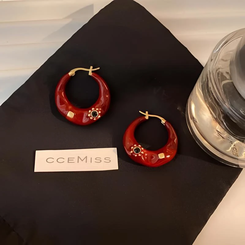 铜合金耳饰 安可拉红滴釉珐琅耳环复古轻奢耳圈2024秋冬新款耳饰