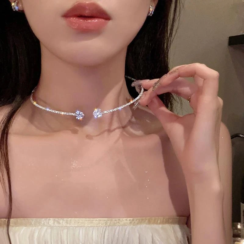 合金项链 璀璨夺目~爱心闪钻开口项圈轻奢小众锁骨链choker颈链