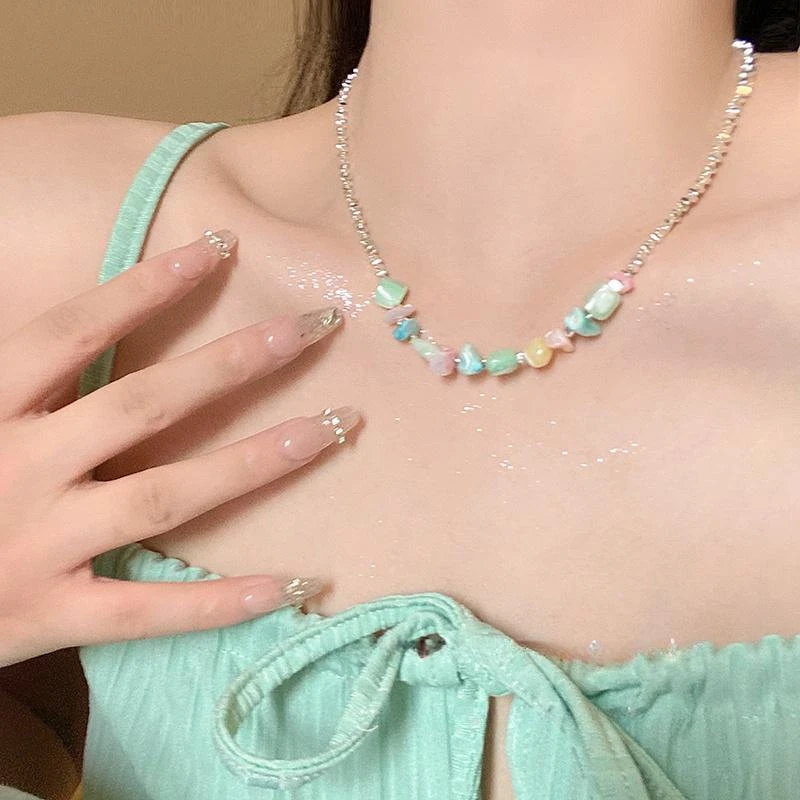 合金项链 彩色碎银拼接项链女高级设计感小众颈链百搭锁骨链配饰