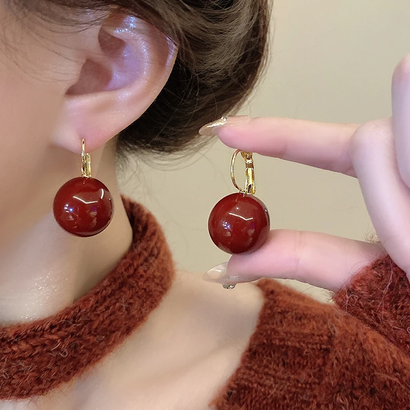 合金耳饰 安格拉红复古几何珠珠耳扣耳环女2024新款红色耳饰耳坠