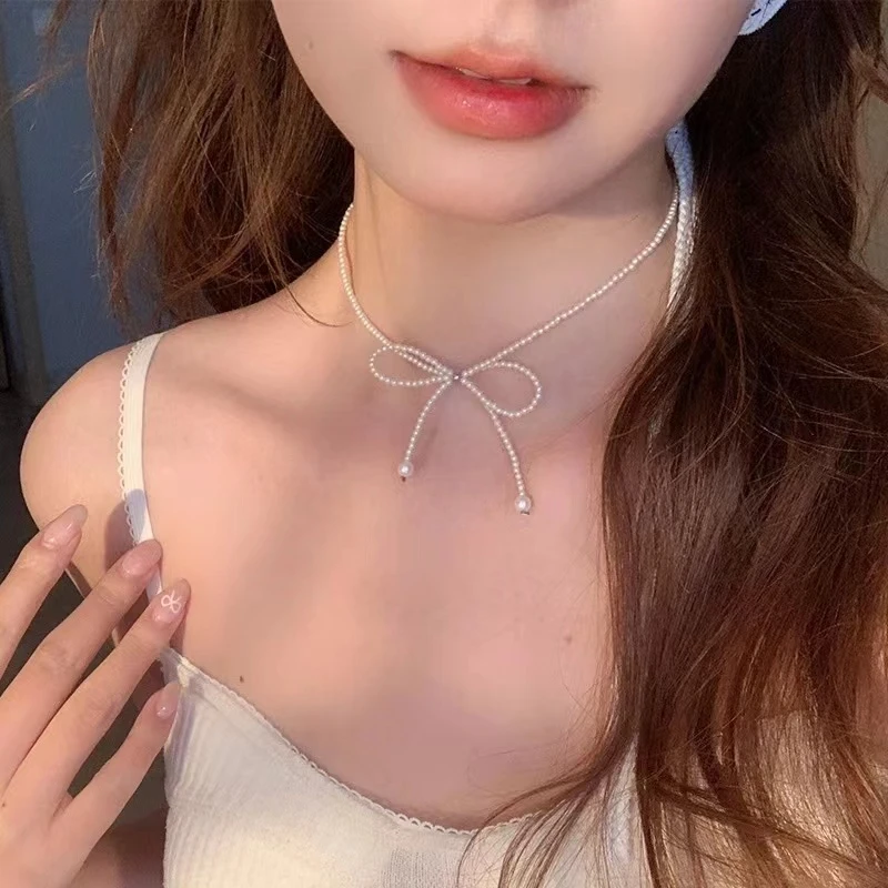 非金属仿珍珠项链 白色珠珠蝴蝶结项链夏天海边度假拍照简约颈链