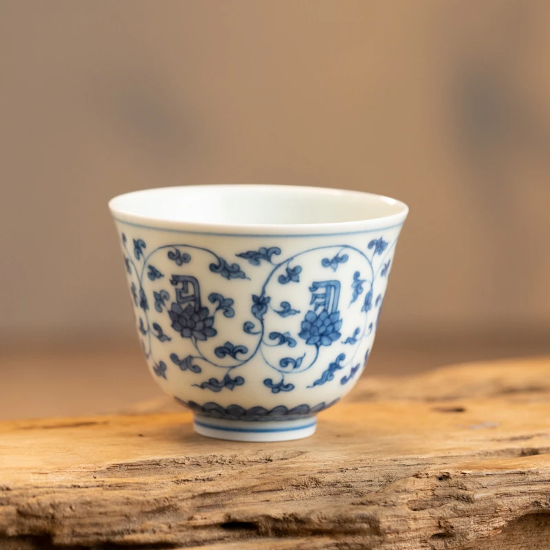 南颂窑 明成化青花梵文缠枝杯  手工茶具陶瓷茶杯复古主人杯NS